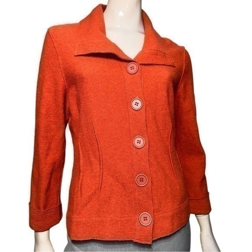East Women’s Size 12 Orange Seamed Boiled Wool Button Up Jacket Cardigan